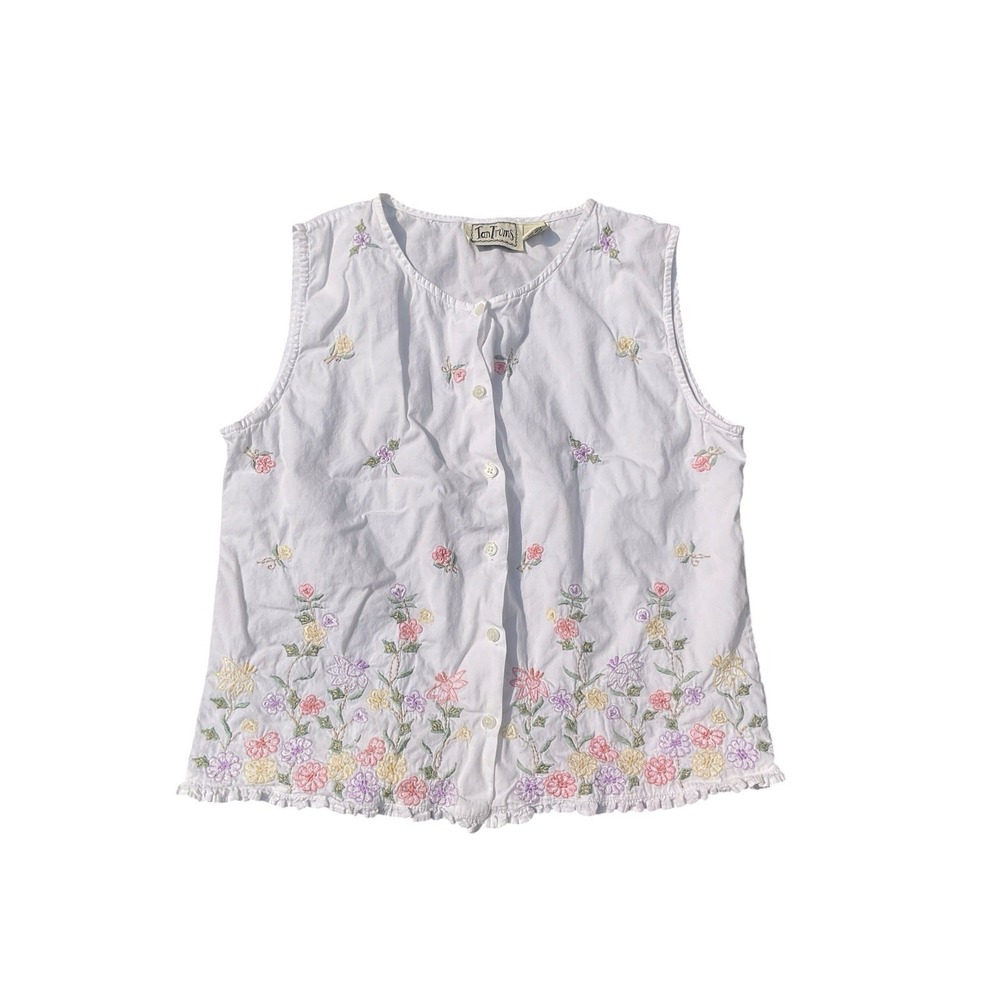 Vintage Tantrums Women Embroidered Tank Top Sz M Floral Button Chambray Cottage